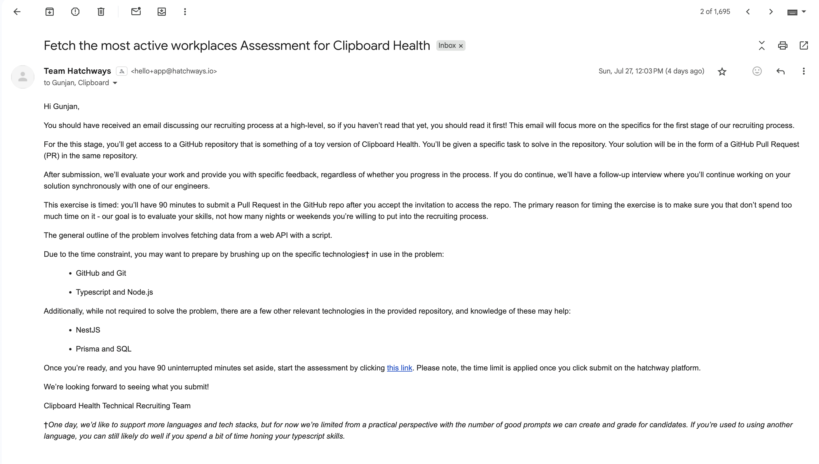 Interview invitation from Clipboard Health